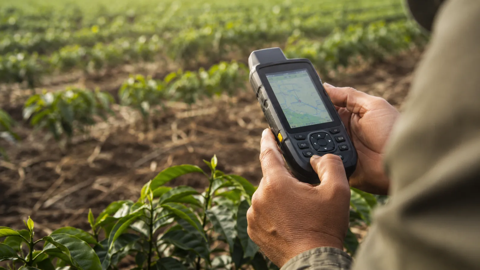 Técnico tomando coordenadas GPS de una parcela agrícola con un dispositivo de campo